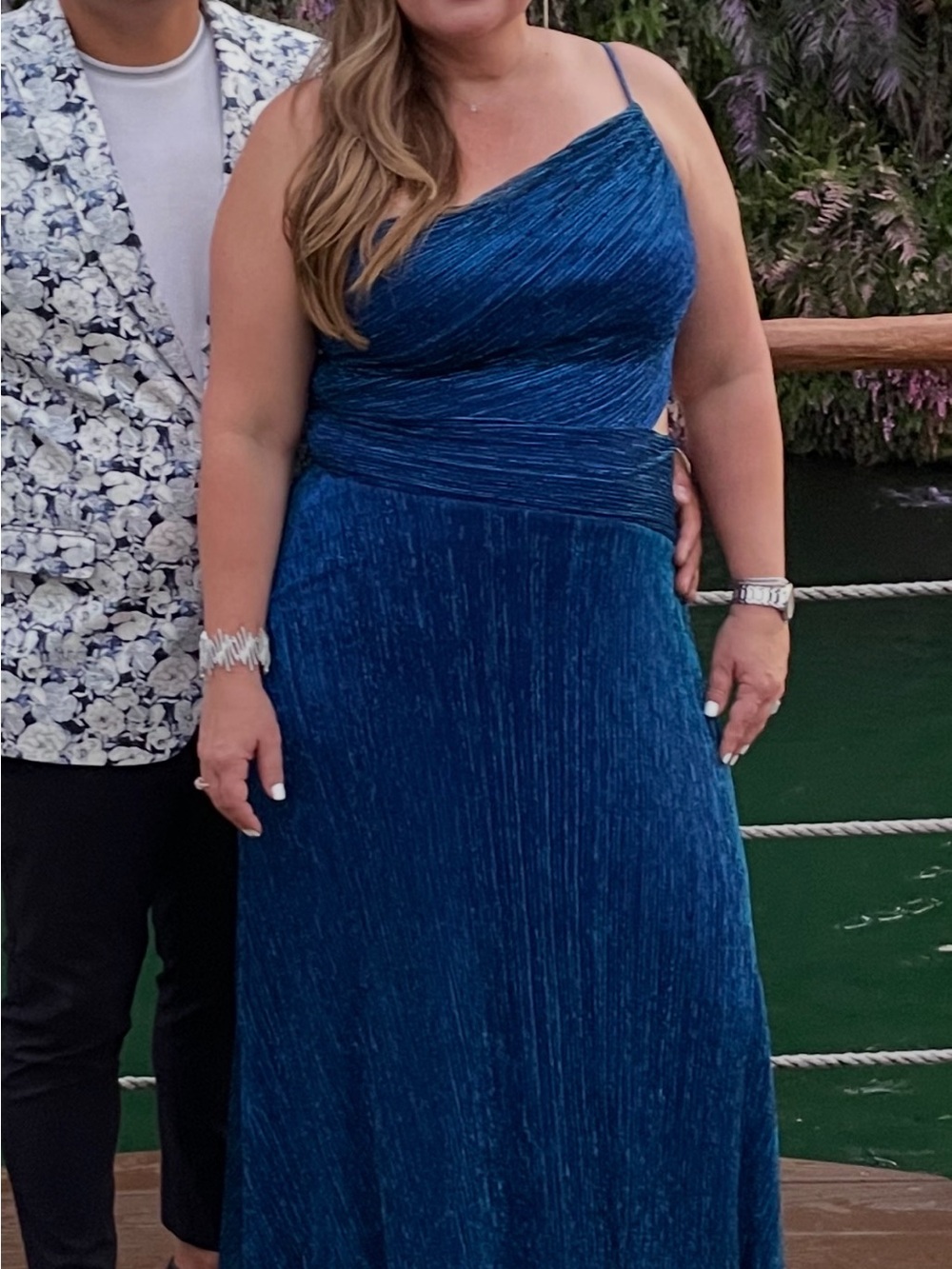 Betsey Johnson One-Shoulder Deep Blue Pleated Evening Gown